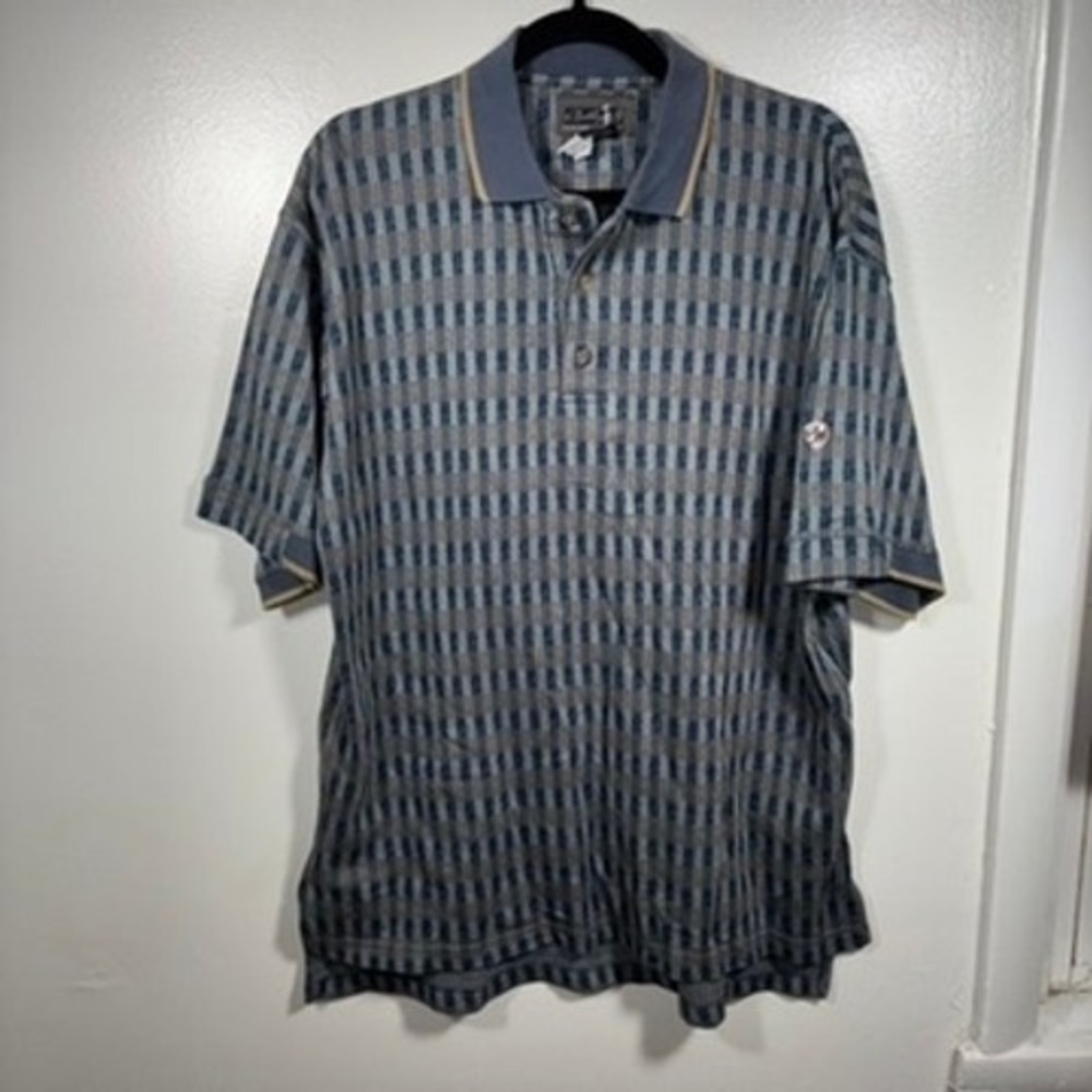 Vtg Bobby G Polo Shirt Mens Sz M Blue Geometric Pattern Short Sleeve Golf Cotton